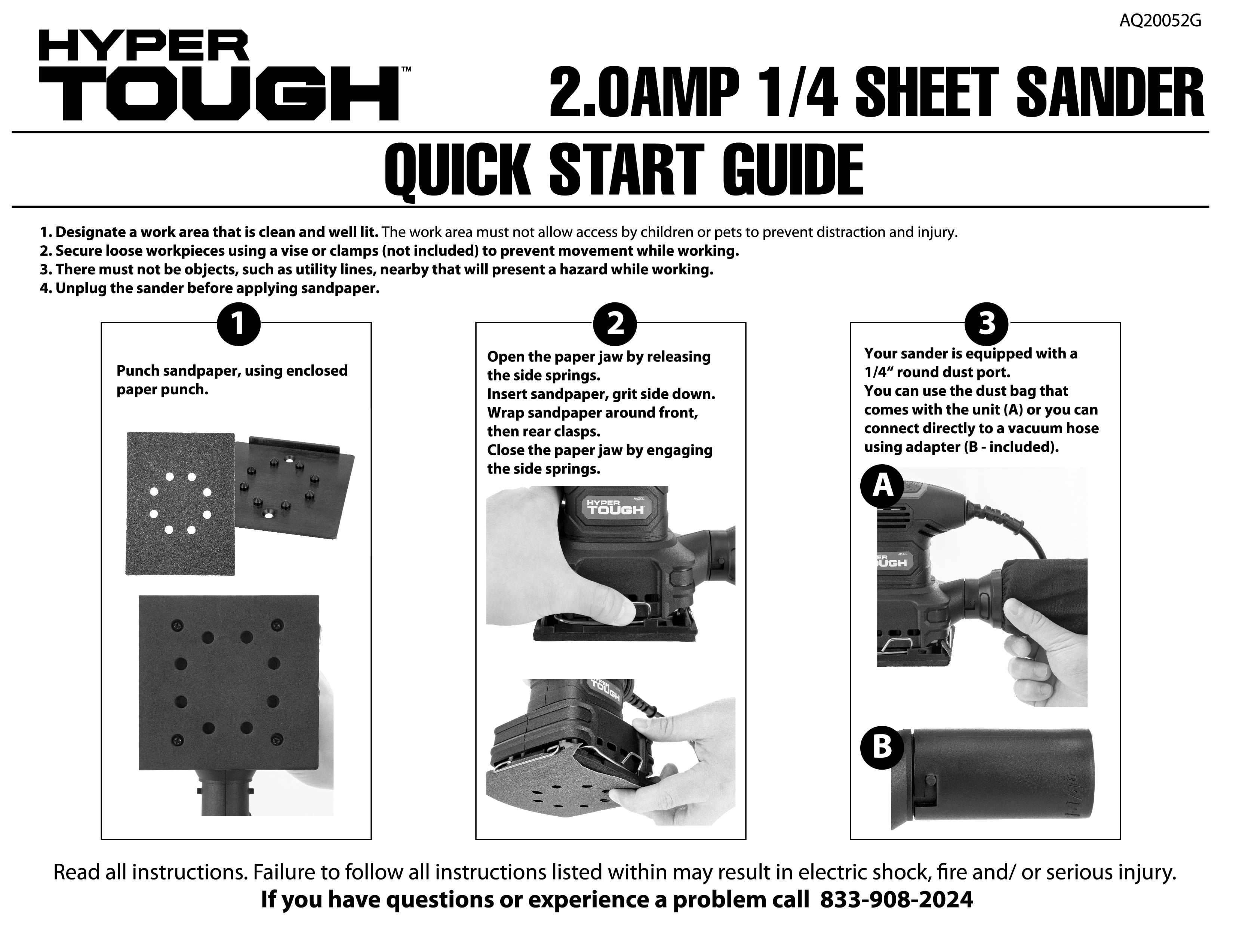 2 Amp Corded 1/4 Sheet Palm Sander with Dust Bag, Vacuum Hose Adapter, Punch Plate & 3 Sanding Sheets, New Condition